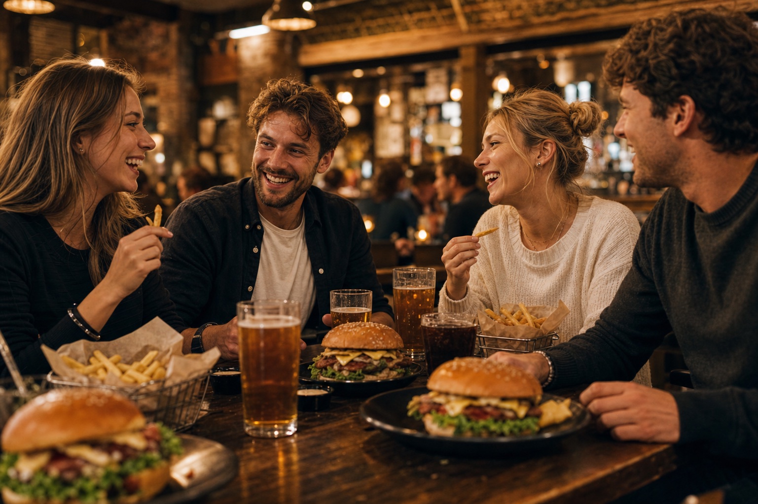 Vänner äter burgare och umgås på Lion Bar