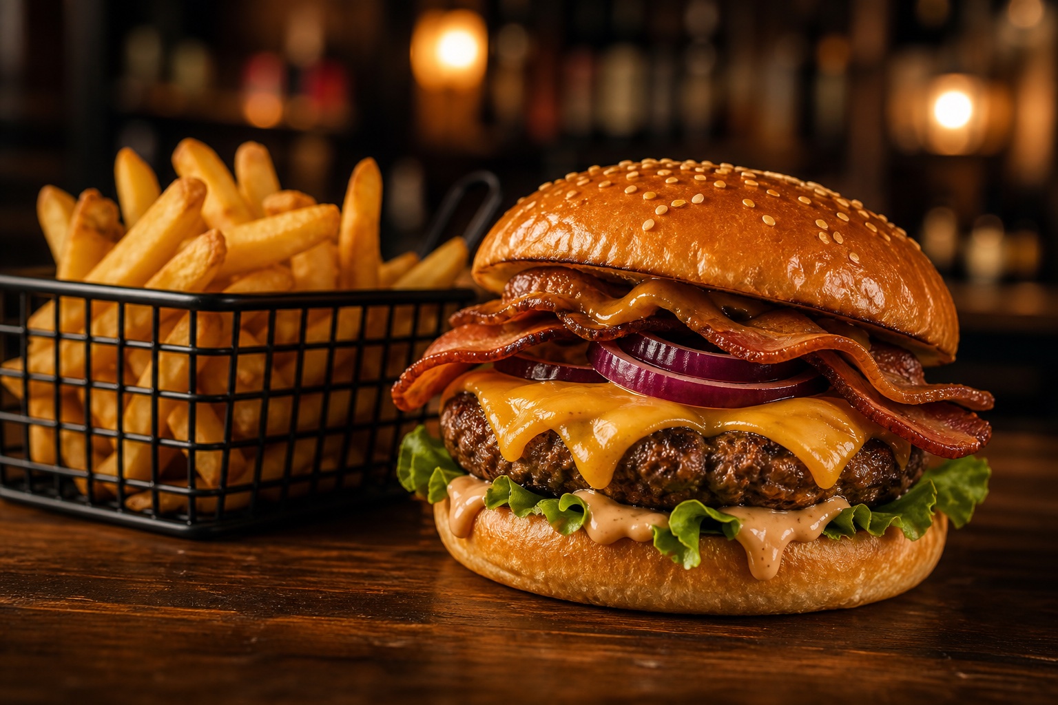 Lion Bars Cheezier Burger med pommes